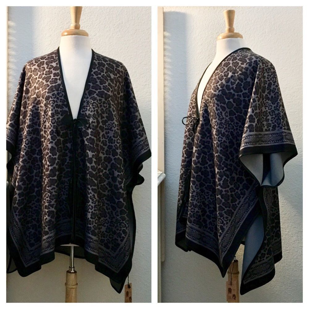 Leopard Print Gray & Black Wrap Shawl, Tassel Ties Closure, Oversized, Boxy,